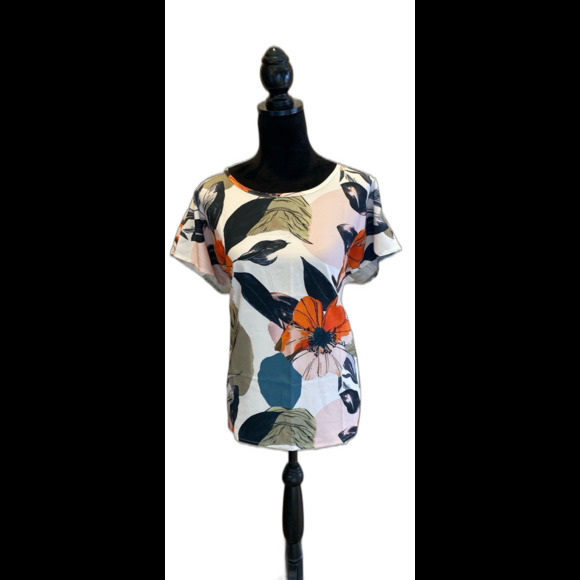 Tropical Floral Blouse Size XL Short Sleeve Green Orange Casual Rounded Neckline - Picture 2 of 9